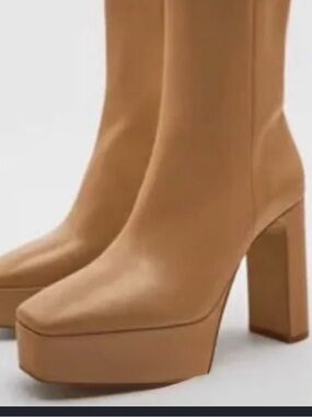 Zara Camel Tan Platform Block Heel Ankle Boots